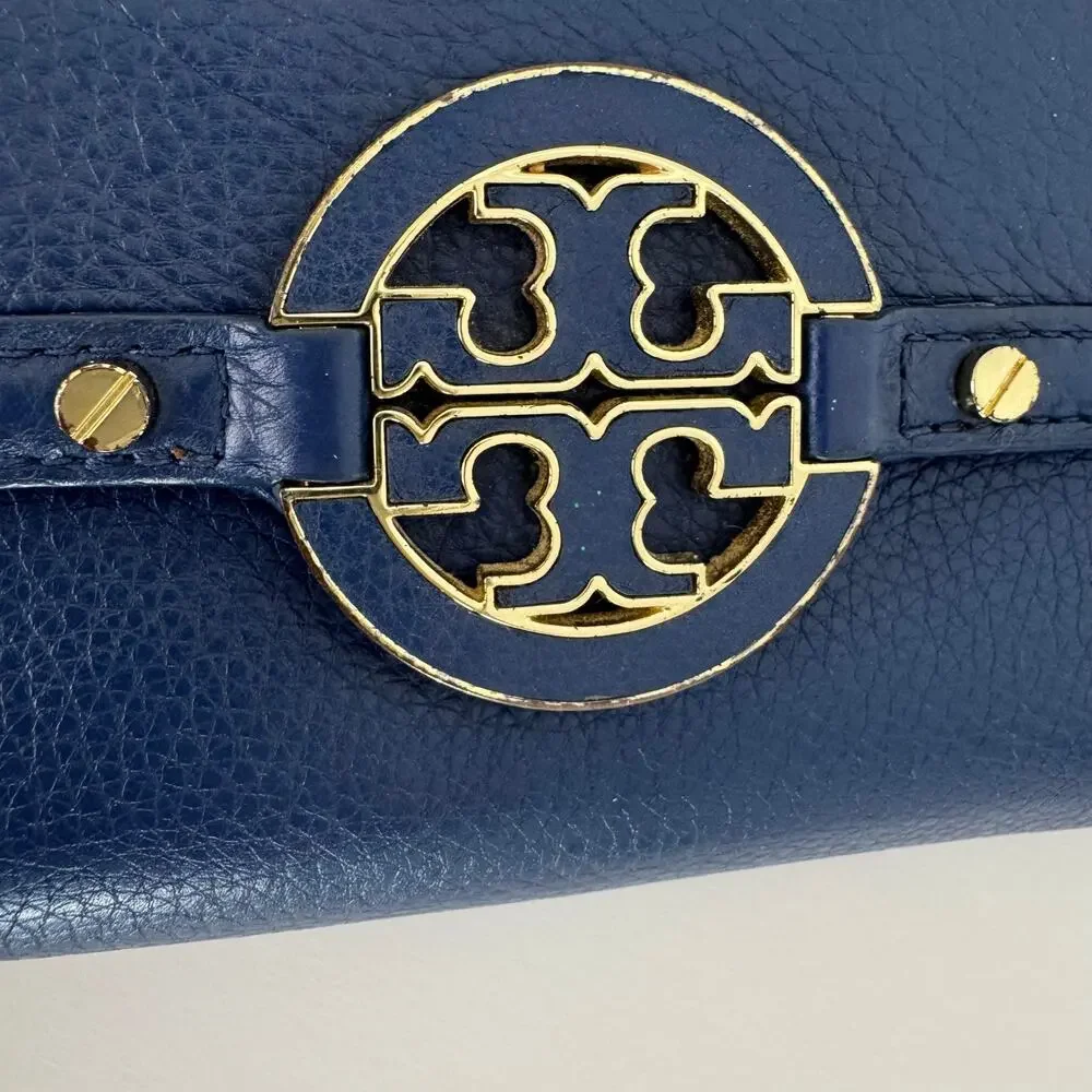 Tory Burch Amanda Envelope Continental Wallet Blue Pebble Leather Gold-Tone Logo